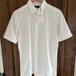 NWT Theory Men's Irving White Short Sleeve Shirt in Structured Knit